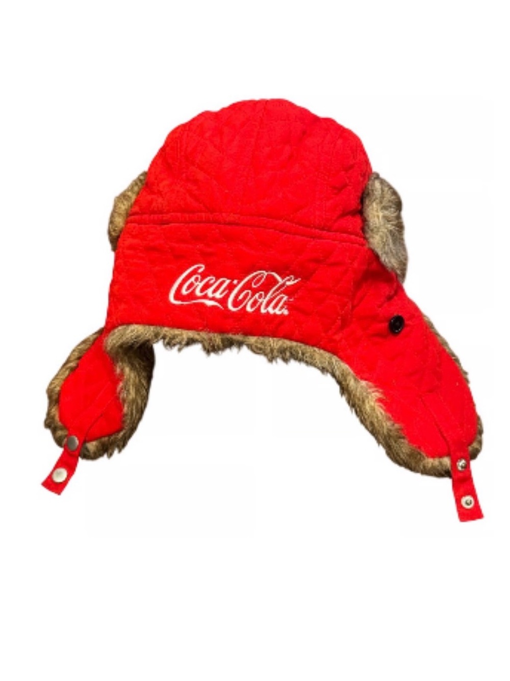 Coca Cola Bright Red Quilted Trapper Hat with Faux Fur Trim